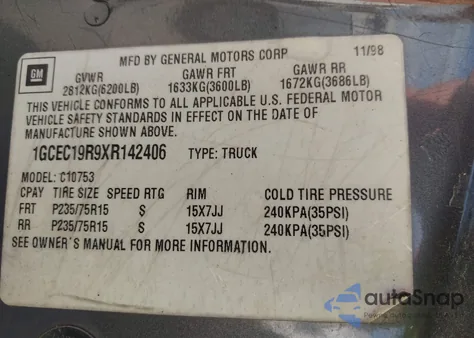 1999 Chevrolet C1500 Ls from USA, damaged, VIN 1GCEC19R9XR142406